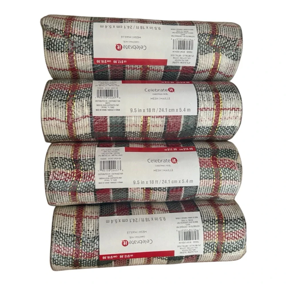 NEW Celebrate It Christmas Noel Mesh‎ Ribbon 9.5 IN X 18 FT PER ROLL X 4 ROLLS